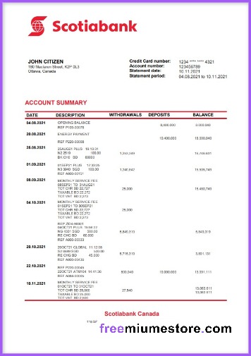 Scotiabank  Bank Statement PSD (Canada) Download
