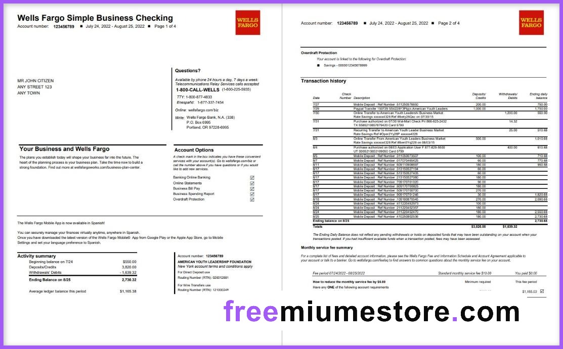 US Wells Fargo Bank Statement PSD Template