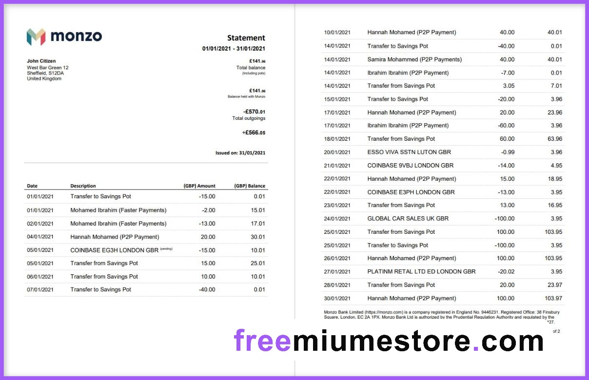 Monzo Bank Statement Fully Editable PSD Template